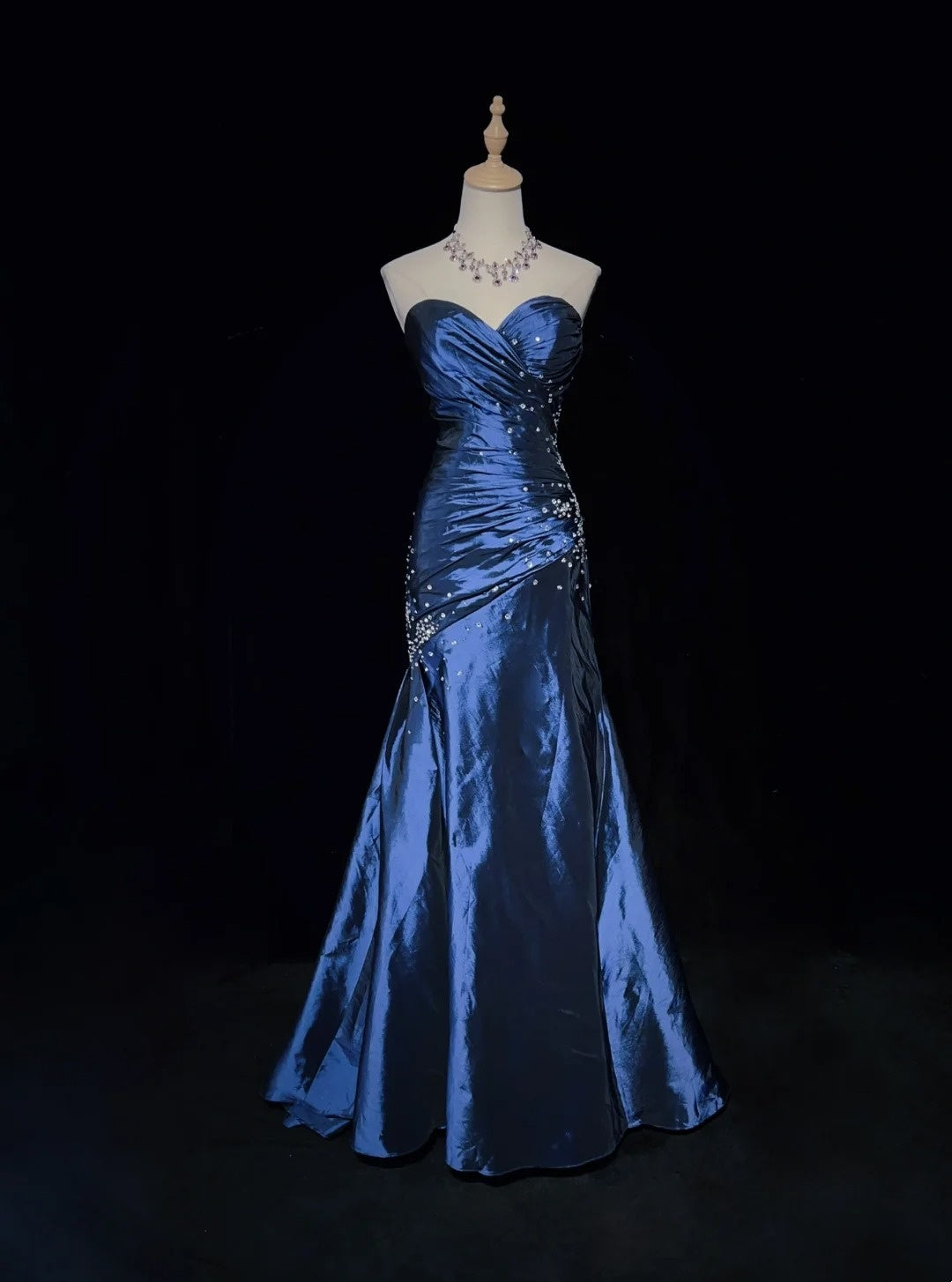 Robes de bal vintage des années 90 sirène bustier bleu marine satin longues avec perles tenues de soirée N3135