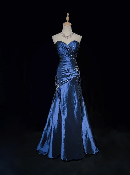 Robes de bal vintage des années 90 sirène bustier bleu marine satin longues avec perles tenues de soirée N3135