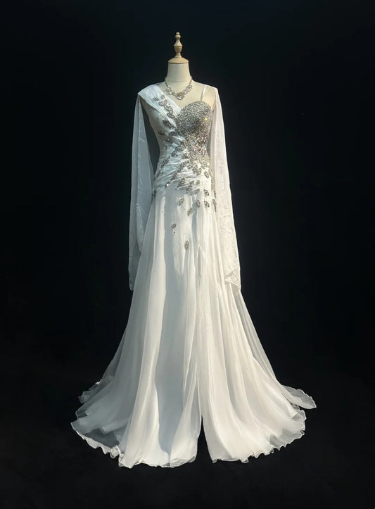 Vintage 90s Prom Dresses Mermaid White Chiffon With Ruffled Silver Beads Long Prom Gown With Cape N3035