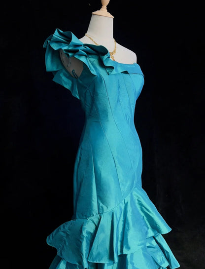 Robes de bal vintage des années 80, sirène, asymétrique, en satin bleu, sans manches avec volants, tenues de soirée semi-formelles N3623