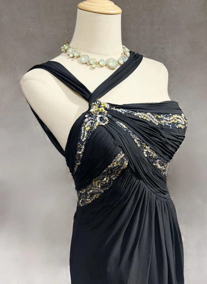 Bescheidene Ballkleider A-Linie Neckholder Schwarz Chiffon Rückenfrei Bodenlang Formelle Abendgarderobe N3484