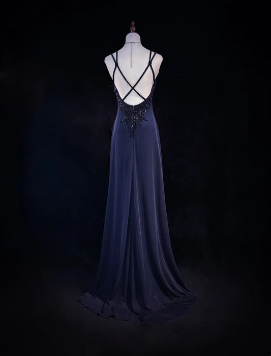 Vintage Prom Dresses 1980s A Line Spaghetti Strap Satin Navy Blue Long With Beading Evening Outfits N3133