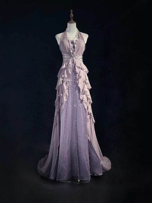 Vintage Prom Dresses A line Halter Lilac Chiffon With Ruffles Beading Long Formal Dress N2465