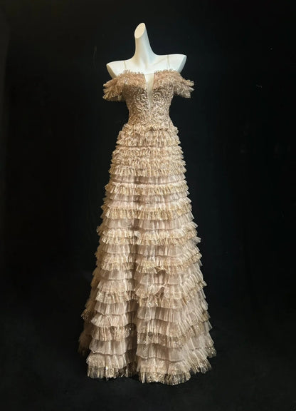 Robes de bal vintage Ligne A Bretelles fines Dentelle dorée Avec manches Robe de soirée formelle années 80 RB3268