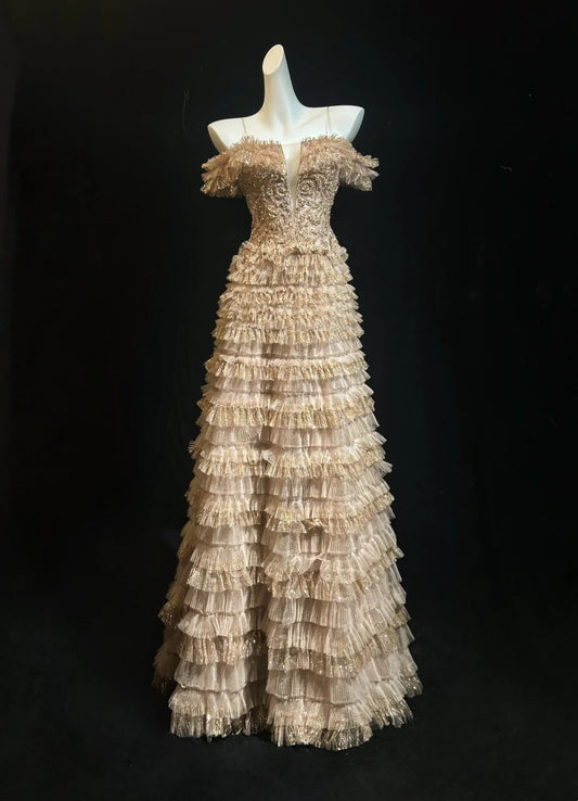 Vintage Prom Dresses A line Spaghetti Strap Gold Lace With Sleeves 80s Evening Formal Dress RB3268
