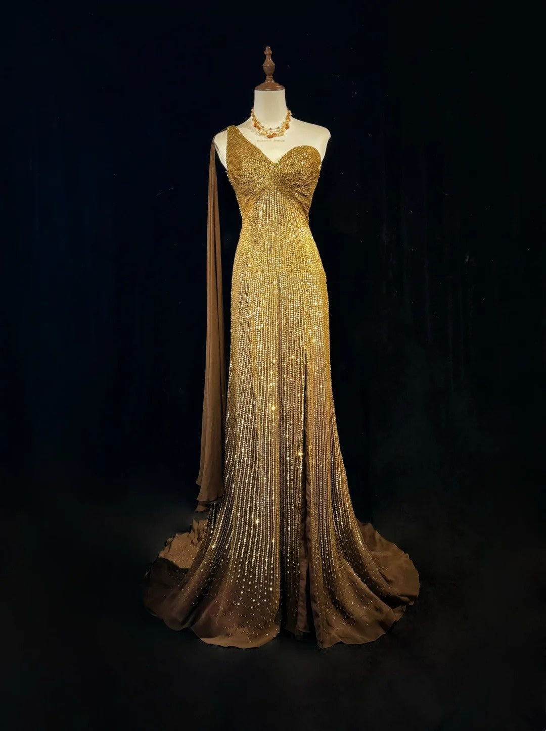 Robe de soirée sirène vintage des années 2000 à une épaule, à sequins dorés, longue robe de bal étincelante N2574