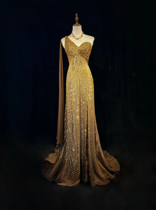 Vintage Mermaid 2000s One Shoulder Gold Sequin Formal Dress Long Sparkly Prom Dresses N2574