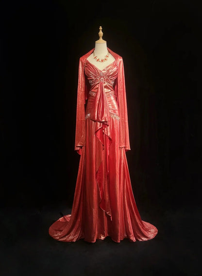 Élégante Robe de soirée longue corail à bretelles, coupe trapèze, perlée, plissée, sans manches, avec cape, Robes de bal N2448