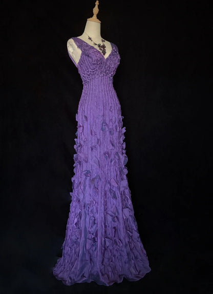 Robes de bal vintage sirène col en V mousseline de raisin avec perles tenues de soirée longues des années 80 N3884