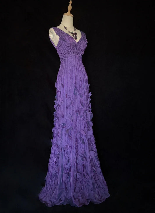 Vintage Prom Dresses Mermaid V Neck Grape Chiffon With Beading 80s Long Formal Evening Outfits N3884