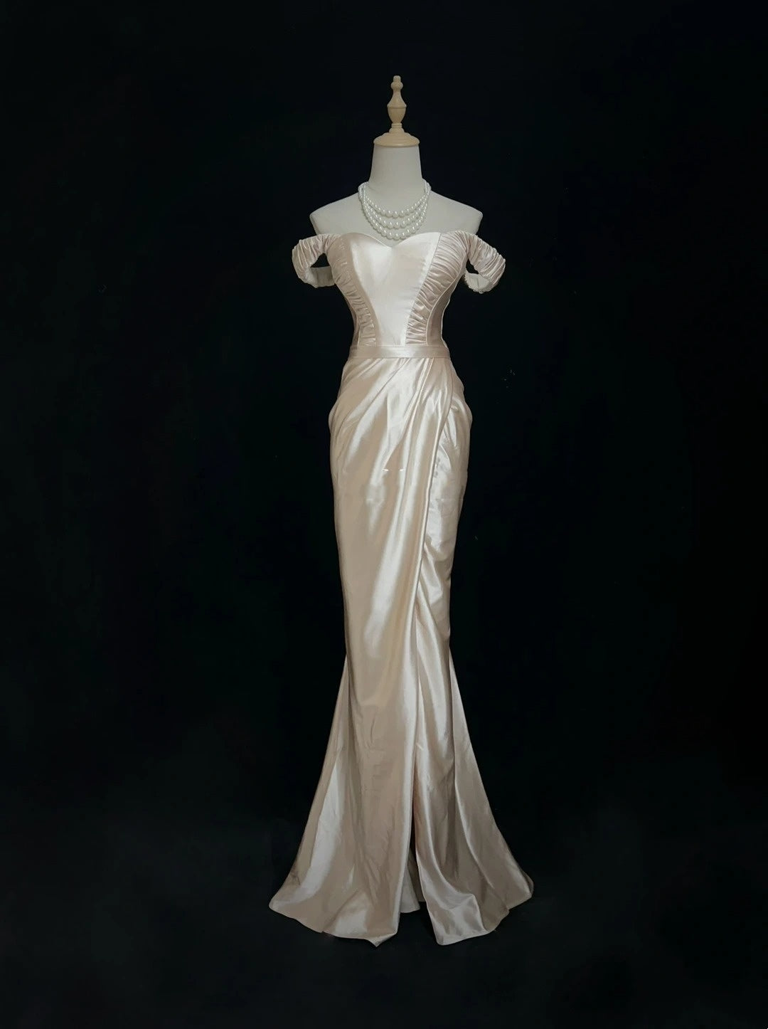Robes de bal vintage des années 90, sirène, épaules dénudées, en satin champagne, longue robe de bal N3010