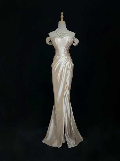Robes de bal vintage des années 90, sirène, épaules dénudées, en satin champagne, longue robe de bal N3010