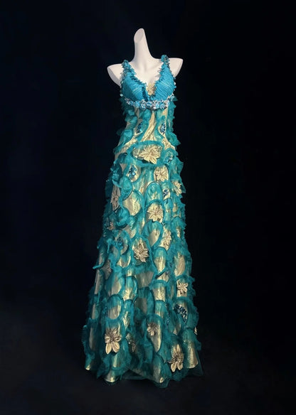 Vintage Prom Dresses 1970s A Line V Neck Blue Tulle With Beads Sleeveless Prom Dresses Evening Formal Outfits RB5126