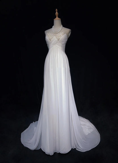 Einzigartige Hochzeitskleider A-Linie Sweetheart Weiß mit Rüschen und Perlen Lange Brautkleid N3644