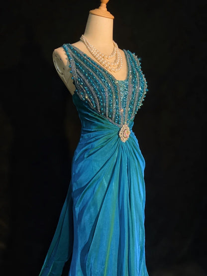 Robes de bal modestes sirène col en V bleu mousseline corsage dos nu robes de soirée formelles longueur ras du sol N3483