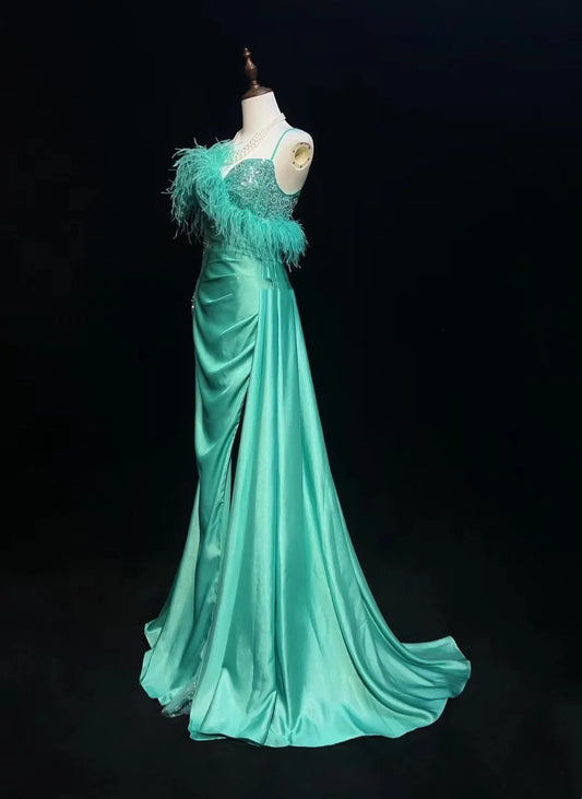Retro Gown Prom Vintage Dresses Mermaid One Shoulder Long Sleeve With Feathers 90s Formal Outfits N2327
