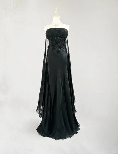 Robes de bal élégantes Robe sirène sans bretelles en mousseline de soie à cravate noire avec cape Longues tenues de soirée formelles N3703