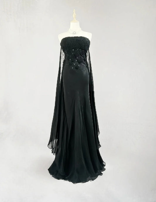 Classy Prom Dresses Mermaid Strapless Chiffon Black Tie Dress With Cape Long Formal Evening Outfits N3703