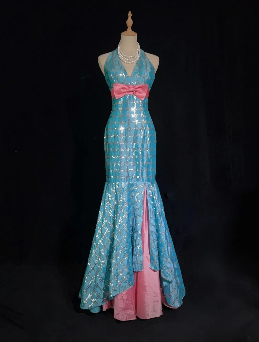 Vintage Abschlussballkleider Meerjungfrau V-Ausschnitt Blau Pailletten Ärmellos 1980er Jahre Langes Abendkleid N2866