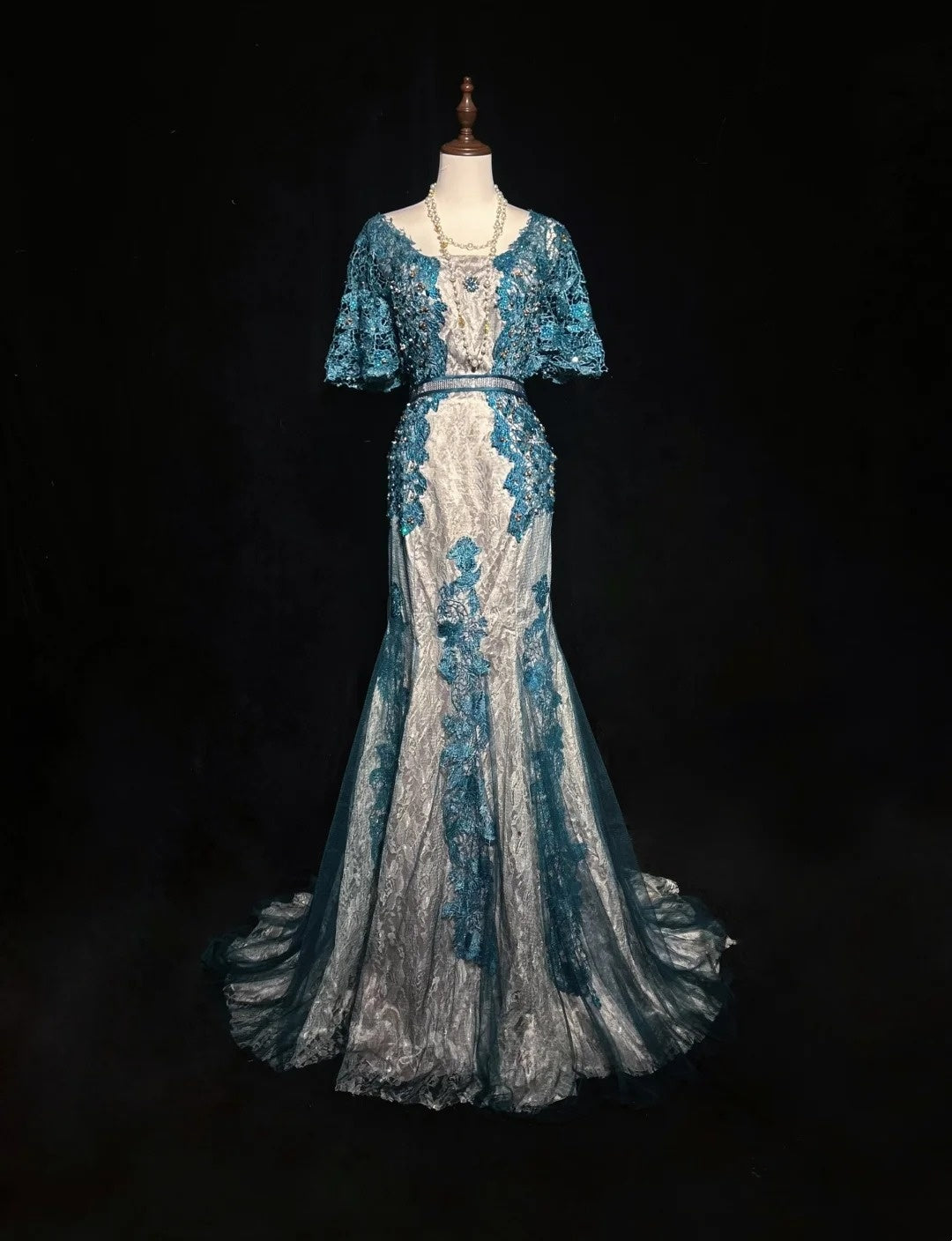 Vintage Ballkleider Inspo Meerjungfrau Spitze Blau Tüll Spitze 80er mit Applikationen Formelle Kleider N3366
