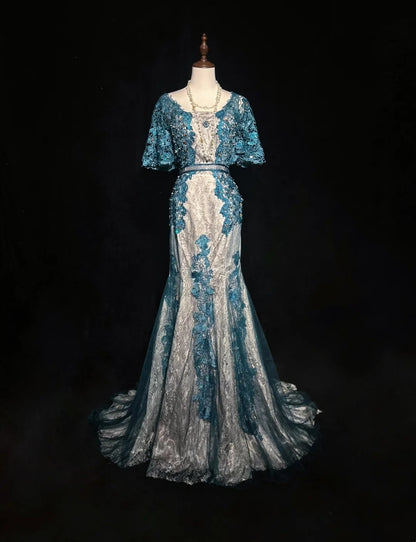 Vintage Ballkleider Inspo Meerjungfrau Spitze Blau Tüll Spitze 80er mit Applikationen Formelle Kleider N3366