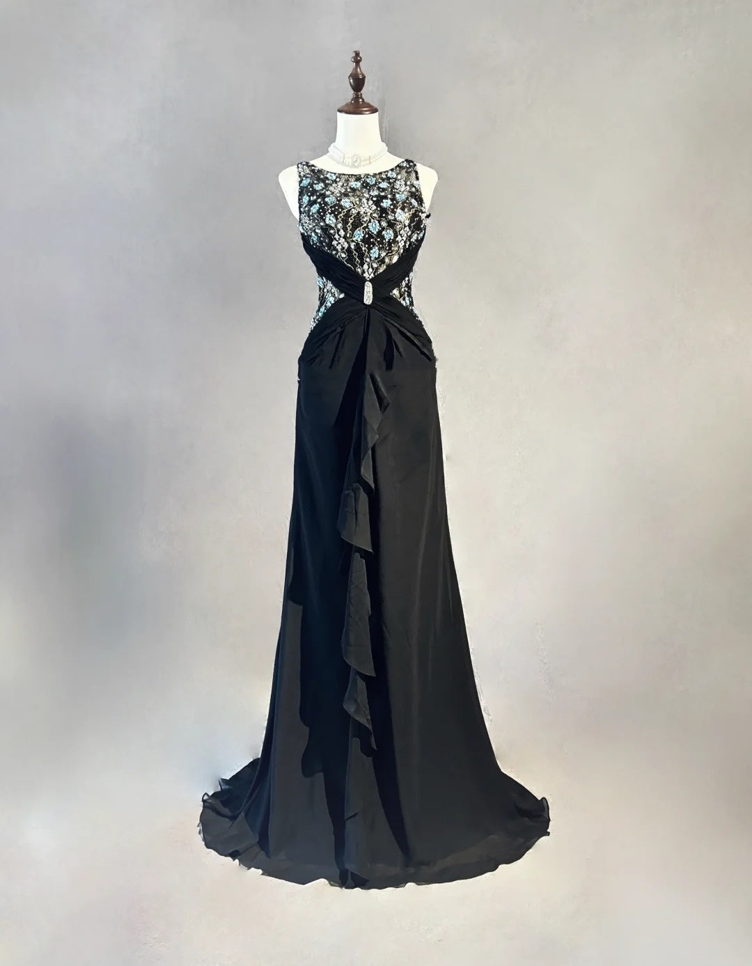 Belles robes de bal Robes sirène col rond robe de soirée mousseline de soie avec bustier perlé longues tenues de soirée N3364