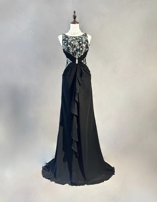 Wunderschöne Abschlussballkleider Meerjungfrau Scoop Neck Black Tie Kleid Chiffon mit Perlenbesetztem Oberteil Lange Abendoutfits N3364