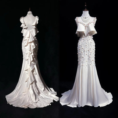 Beautiful Prom Dresses Mermaid Sweetheart White Chiffon With Flowers Long Evening Outfits N3386