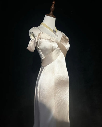 Robes de bal vintage des années 80 sirène à fines bretelles en satin couleur champagne, robes de soirée longues N3458