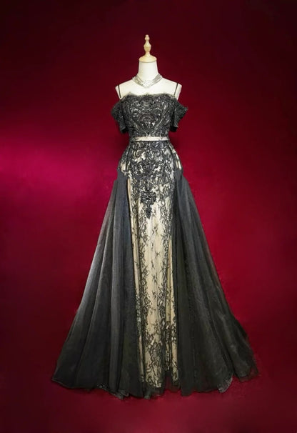 Retro Abendkleid Abschlussball Vintage Kleider Meerjungfrau Spaghettiträger Schwarz Spitze mit Schleppe Lange 90er Formelle Outfits N2325