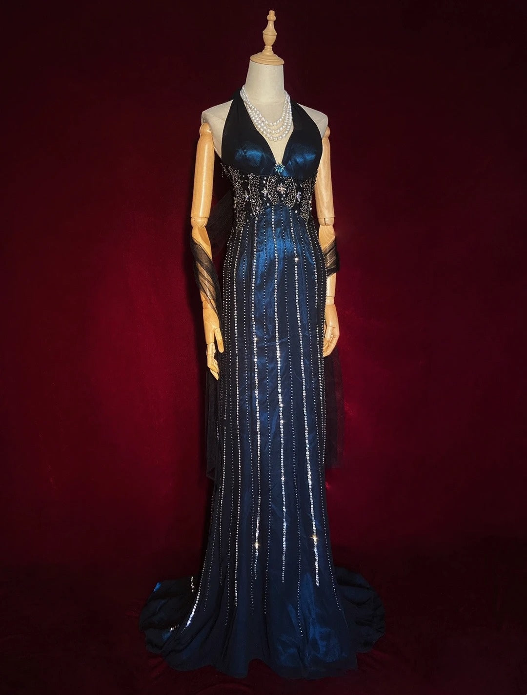 Funkelnde Abschlussballkleider Inspo Meerjungfrau 90er Neckholder Dunkelmarineblau mit Perlen für Damen Ballkleid N3273