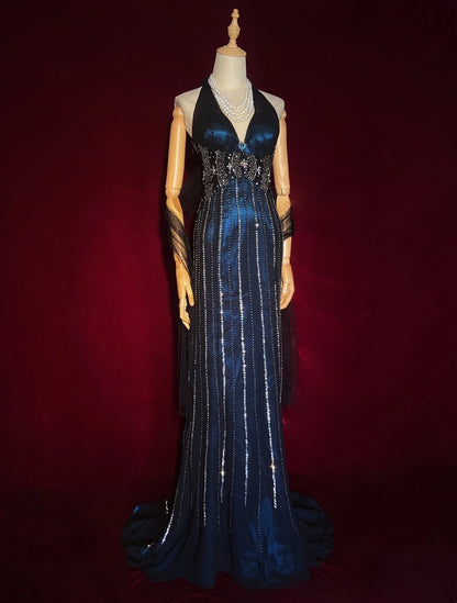 Funkelnde Abschlussballkleider Inspo Meerjungfrau 90er Neckholder Dunkelmarineblau mit Perlen für Damen Ballkleid N3273
