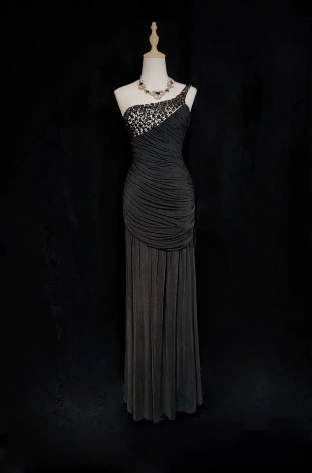 Vintage Prom Dresses Mermaid One Shoulder Black Tie Dress Chiffon 70s With Beading Backless Long Formal Gown N2522