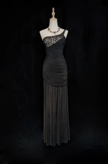 Vintage Prom Dresses Mermaid One Shoulder Black Tie Dress Chiffon 70s With Beading Backless Long Formal Gown N2522