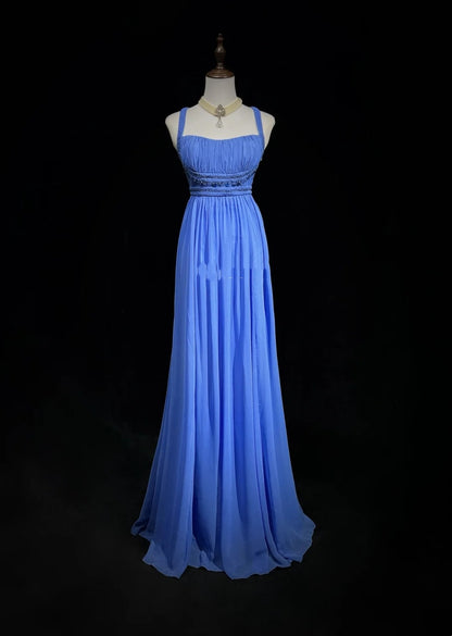 Robes de bal vintage en mousseline bleue avec bretelles spaghetti, coupe trapèze, perlées, longue robe de soirée N2446