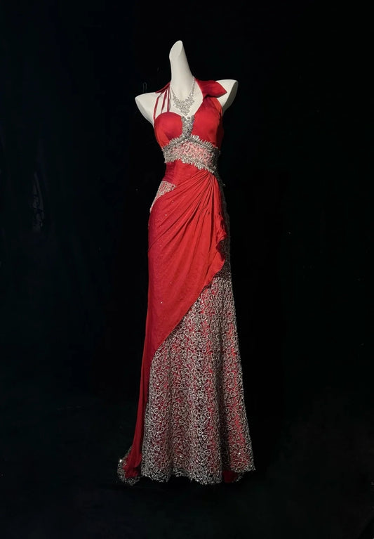 Vintage Prom Dresses 1950s Mermaid Halter Red Chiffon With Lace Sleeveless Evening Formal Outfits RB4336