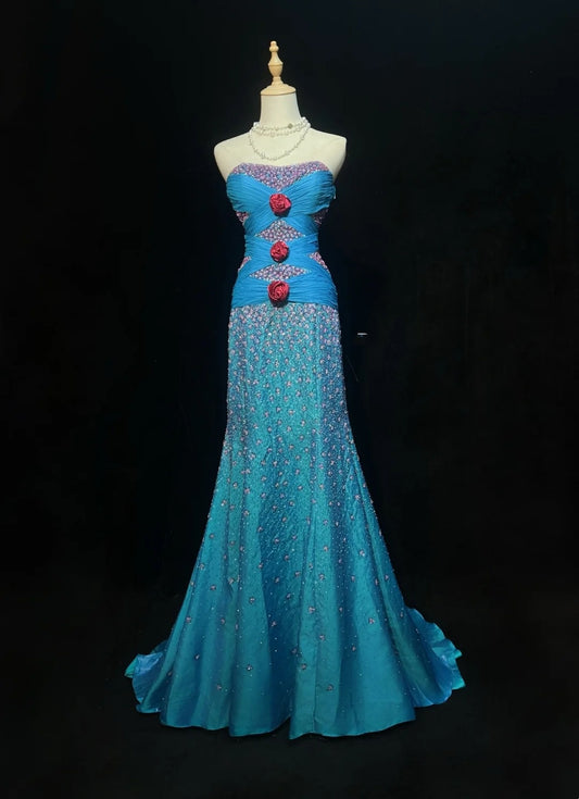 Belles Robes de Bal Sirène Bustier Bleu avec Perles Longue Robe de Soirée N2928