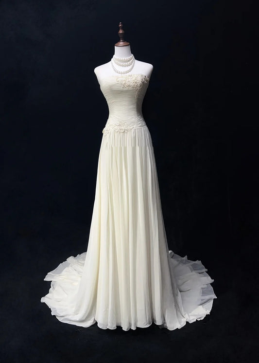Timeless Wedding Dresses A Line Strapless White Chiffon With Appliqued Long Bridal Gown N3013
