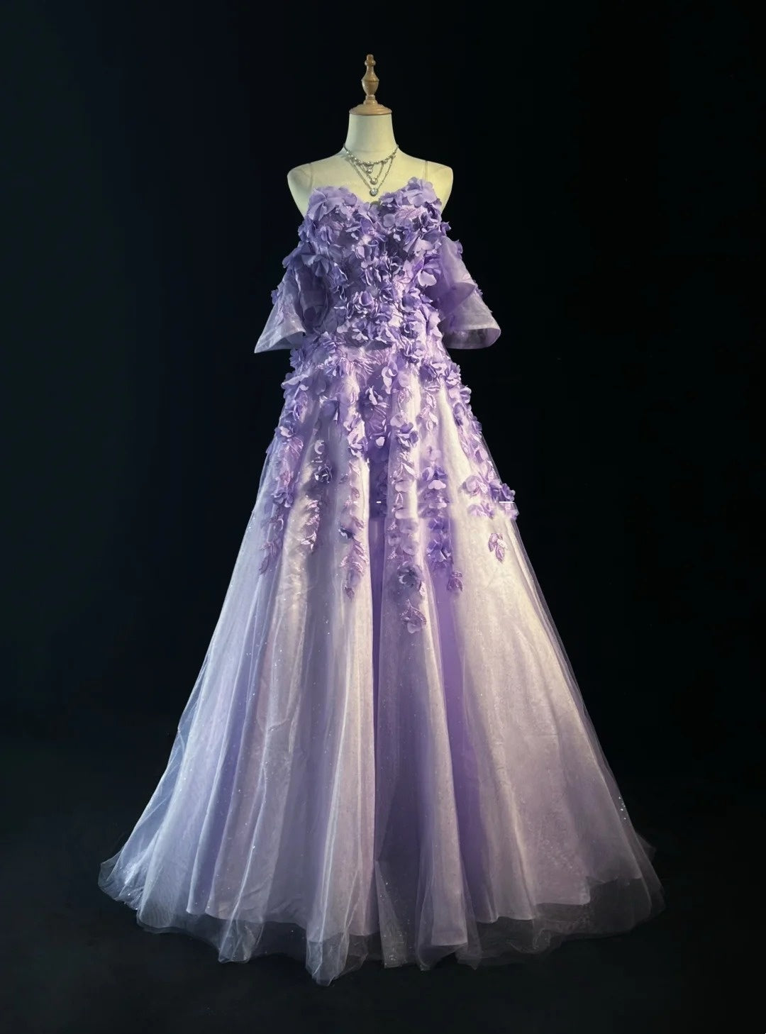 Prinzessinnen-Ballkleider, schulterfrei, fliederfarben, mit 3D-Blumen, festliche Abendmode N3894