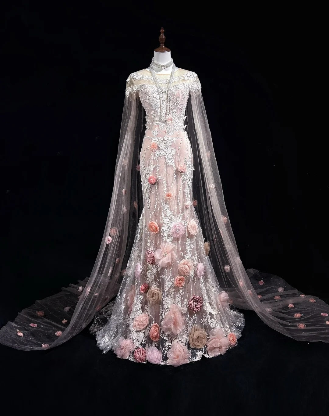 Vintage Abschlussballkleider Inspo Meerjungfrau Rundhals Rosa Spitze 1990er Mit Blumen Cape Abendkleider N3317