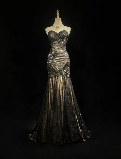 Charmantes Robes de Bal Sirène bustier en Tulle Robe de Cérémonie Noire avec Perles Tenues de Soirée Formelles Longues N3701