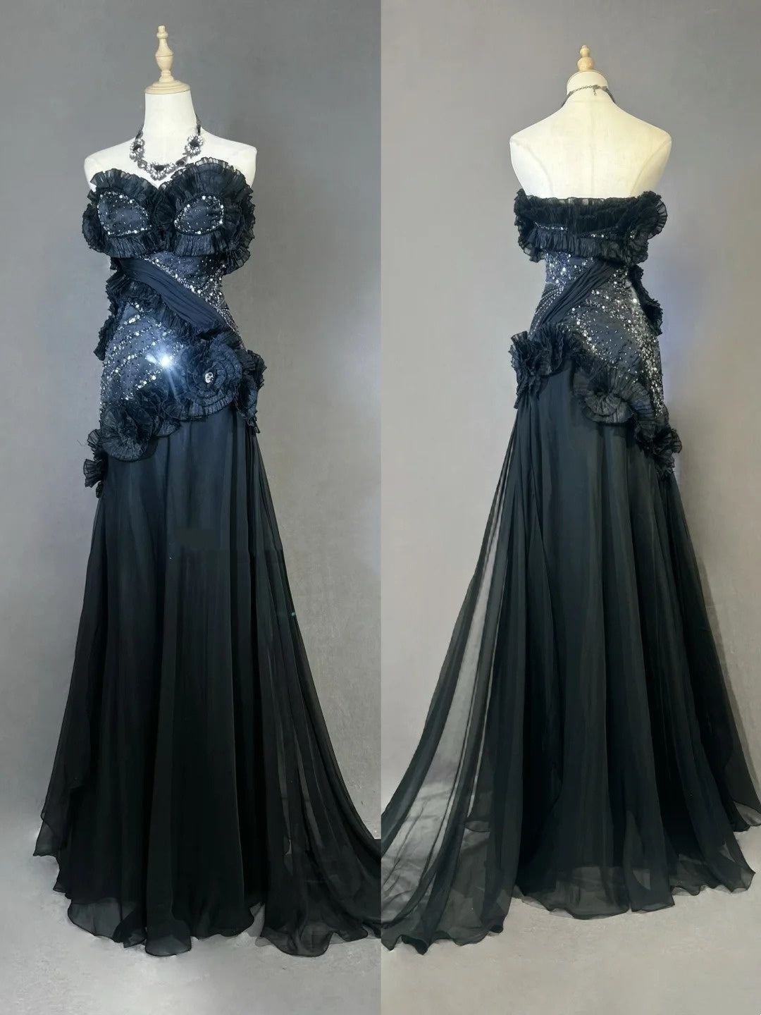 Vintage Prom Dresses Meerjungfrau Sweetheart Black Tie Kleid Chiffon mit Perlen 1980er Jahre Lange Abendkleid N2621