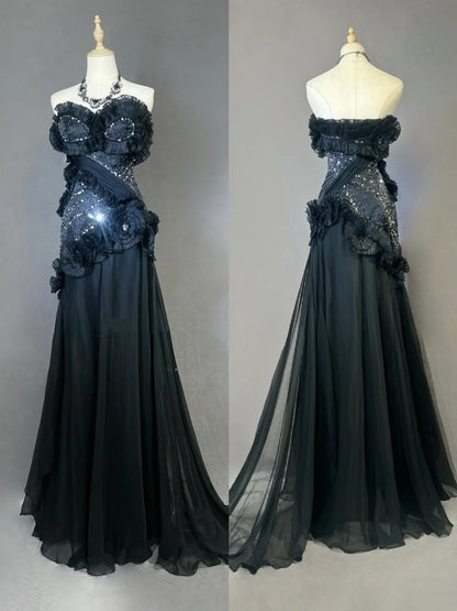 Vintage Prom Dresses Meerjungfrau Sweetheart Black Tie Kleid Chiffon mit Perlen 1980er Jahre Lange Abendkleid N2621