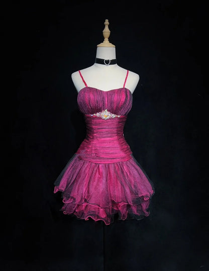 Einzigartiges Ballkleid Spaghetti-Träger Hot Pink Mini Kurz Y2K Ideen Abschlussballkleider Hoco Kleider N3092