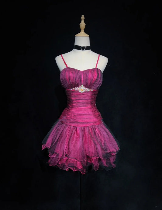Unique Ball Gown Spaghetti Strap Hot Pink Mini Short Y2K Ideas Senior Homecoming Dresses Hoco Gowns N3092