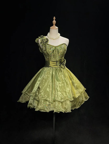 Hübsches Ballkleid One Shoulder Olivgrün Organza Kurz Mini Homecoming Kleider Hoco Kleider N2835