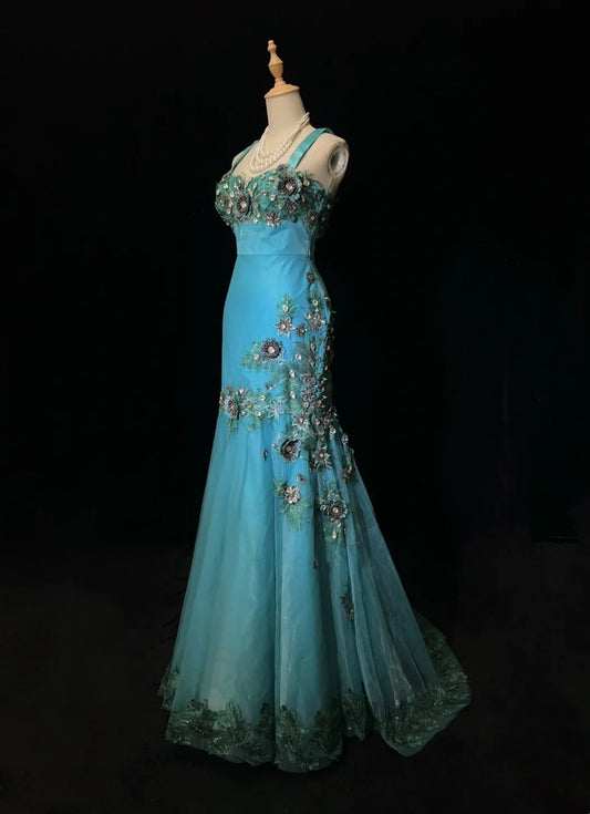 Vintage Prom Dresses Inspo Mermaid Straps Tulle Blue Long 1990s With Lace Appliqued Formal Gowns N3360