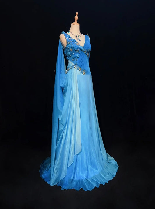 Vintage Prom Dresses Inspo Mermaid V Neck Royal Blue Chiffon With Flowers Beads 80s Long Formal Gown N2743