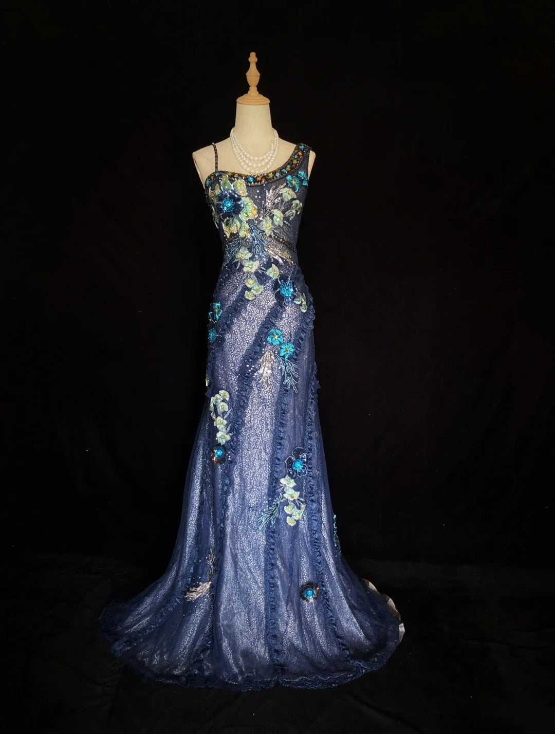 Vintage Ballkleider Meerjungfrau Träger Hellblaue Spitze mit Blumen Lange Abendkleider N3440