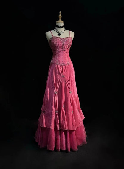 Robes de bal vintage en taffetas rose à bretelles spaghetti, avec perles argentées, années 1950, robe longue de soirée N2595